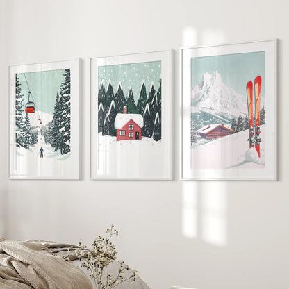 Ski Lifts, Cozy Cabin, and Snowy Peaks Wall Art White Frame - w mat