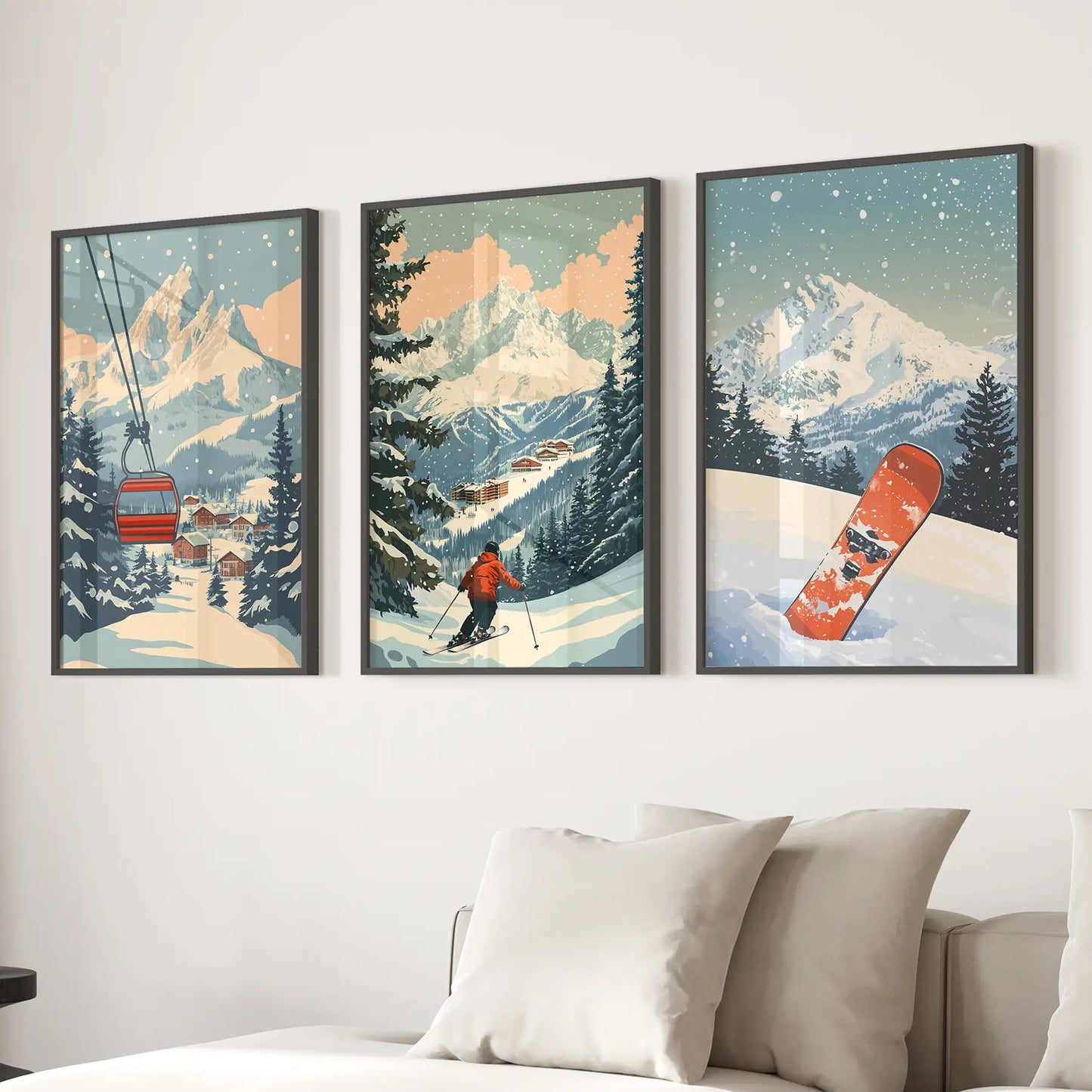 Vintage Ski Poster Set of 3. Snowboard, Skier & Ski Lift Wall Art Black Frame - no mat