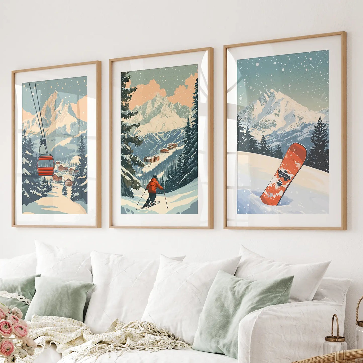 Vintage Ski Poster Set of 3. Snowboard, Skier & Ski Lift Wall Art Thin Wood Frame - w mat