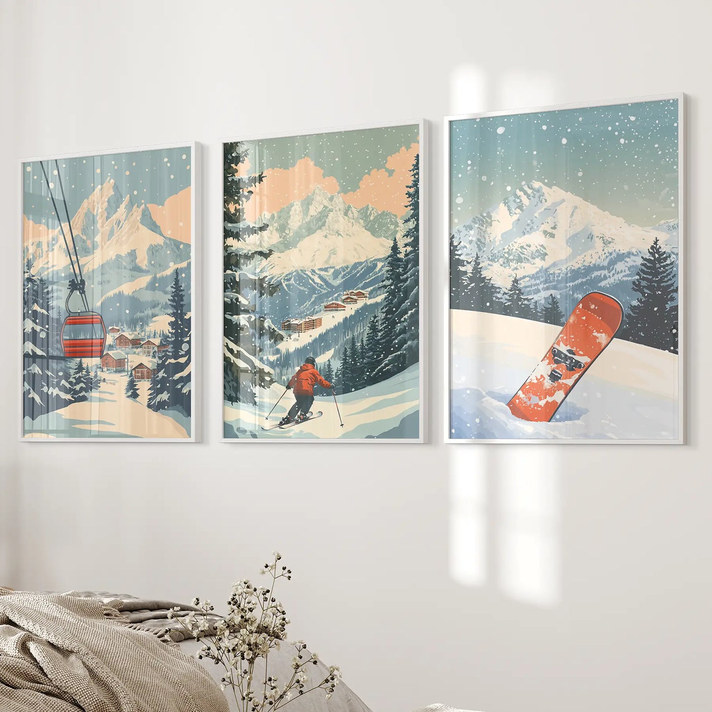 Vintage Ski Poster Set of 3. Snowboard, Skier & Ski Lift Wall Art White Frame - no mat