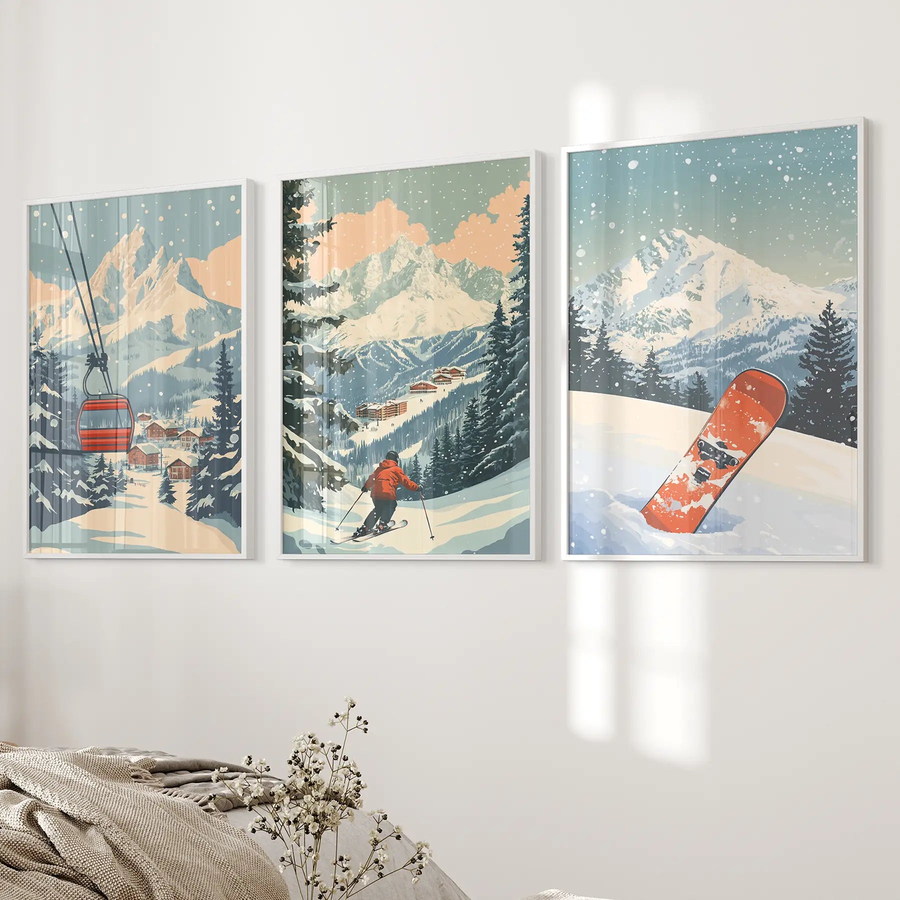 Vintage Ski Poster Set of 3. Snowboard, Skier & Ski Lift Wall Art White Frame - no mat