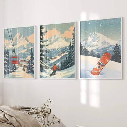 Vintage Ski Poster Set of 3. Snowboard, Skier & Ski Lift Wall Art White Frame - no mat