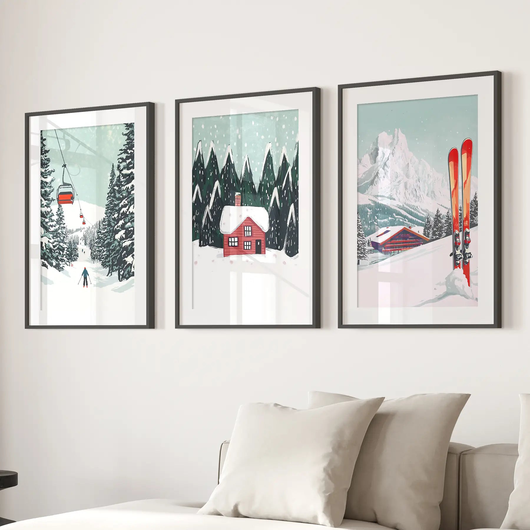 Ski Lifts, Cozy Cabin, and Snowy Peaks Wall Art Black Frame - w mat