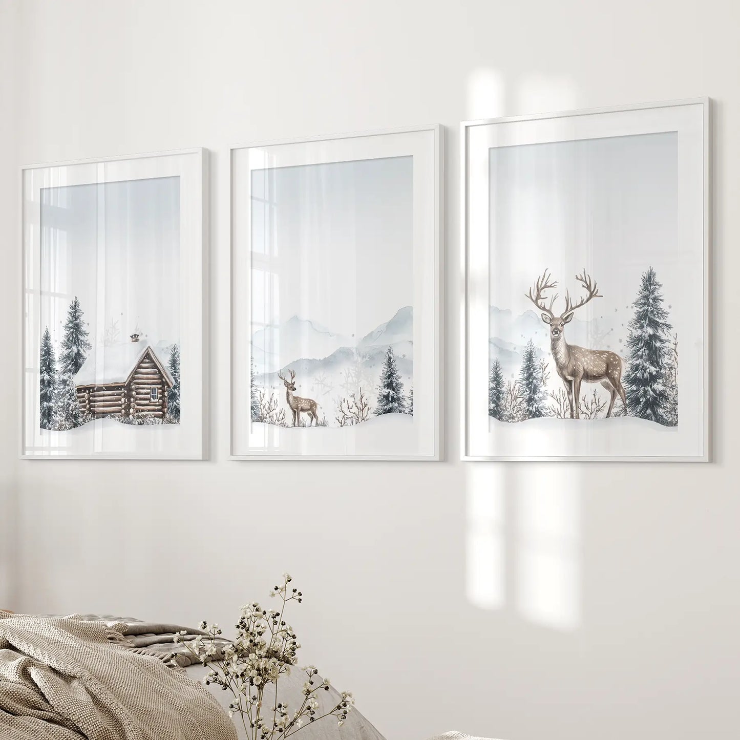 Snowy Deer Wall Art Set of 3. Winter Woodland Prints White Frame - w mat
