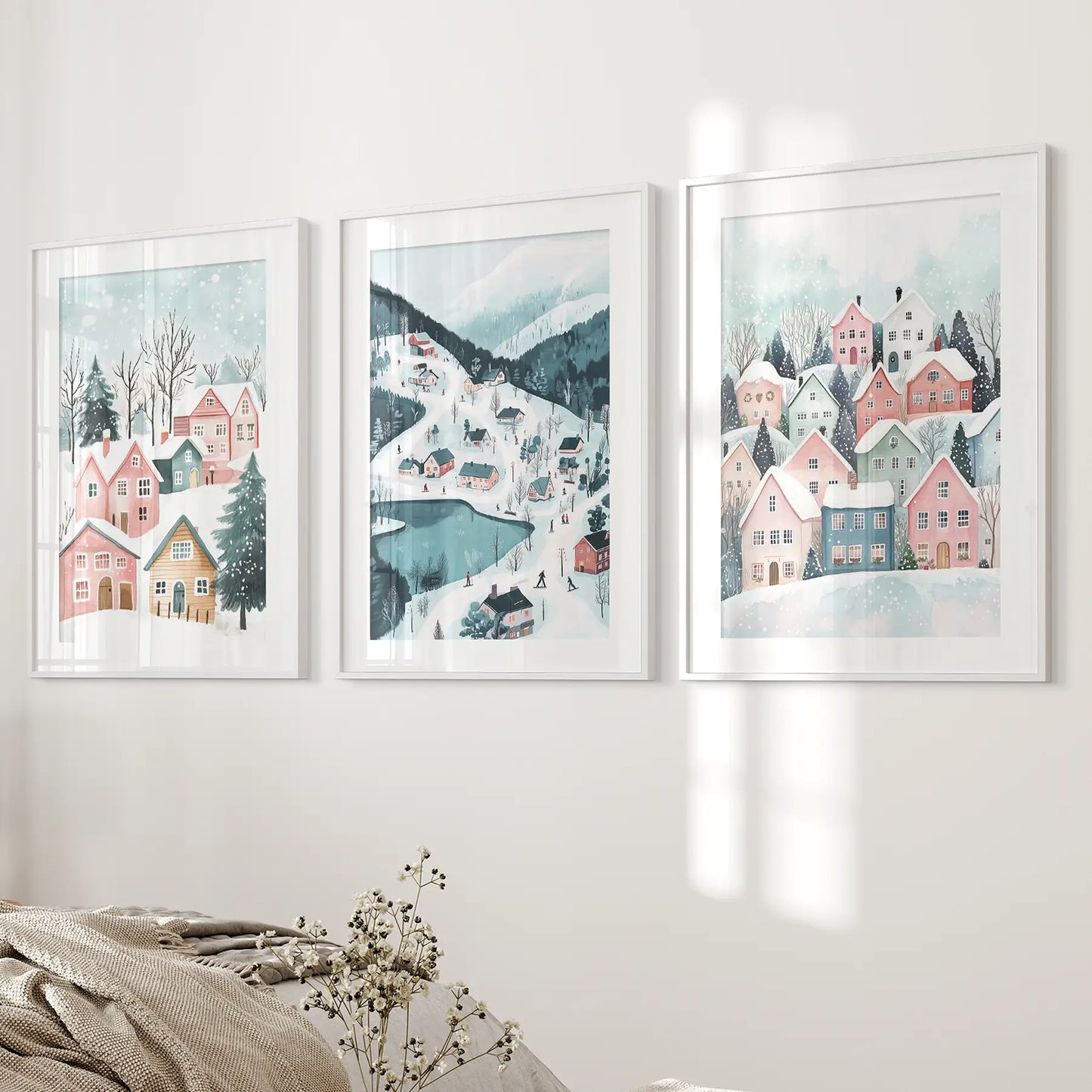 Christmas Village Cute Winter Landscape Posters White Frame - w mat