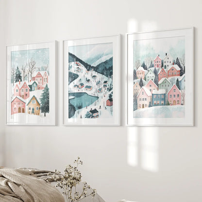 Christmas Village Cute Winter Landscape Posters White Frame - w mat