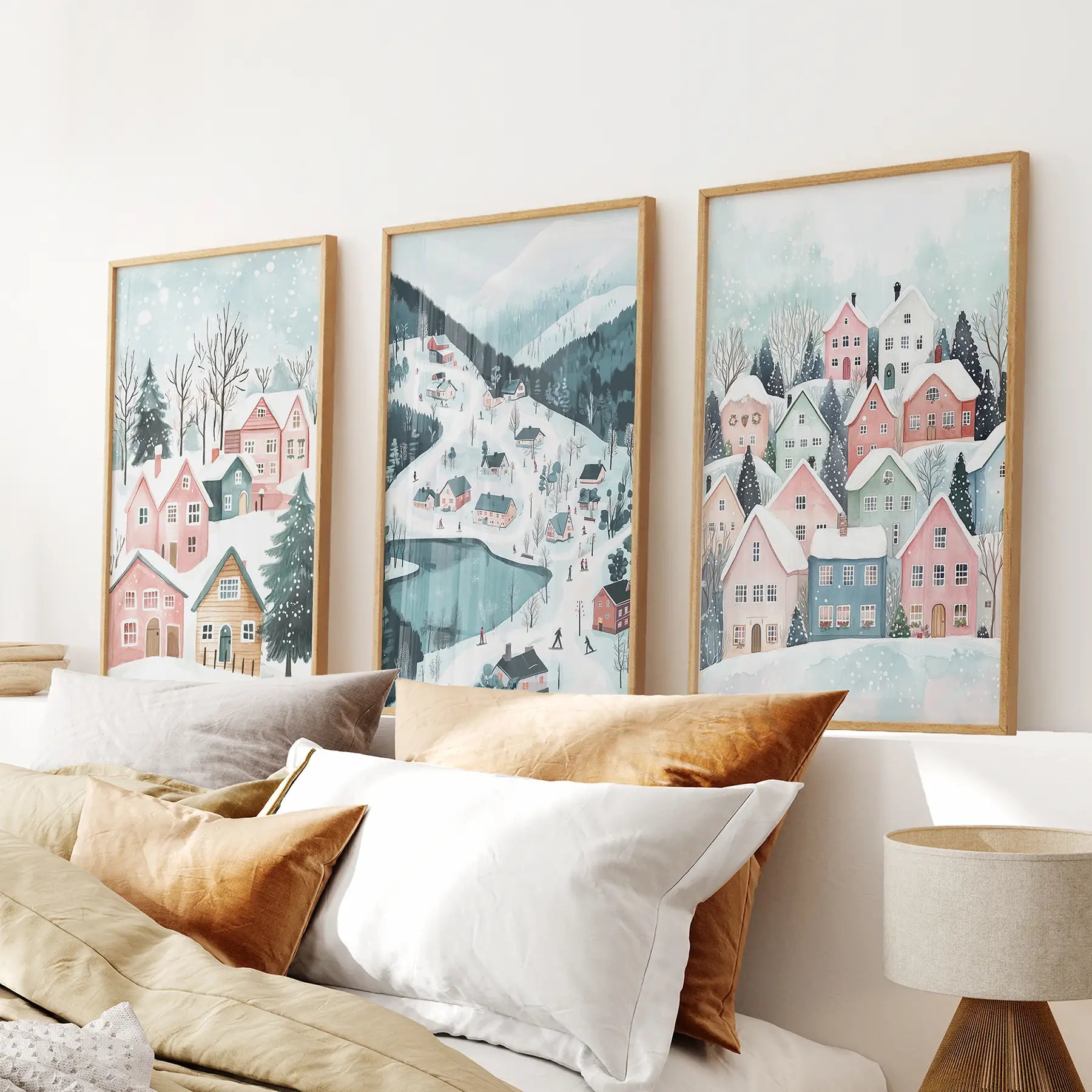 Christmas Village Cute Winter Landscape Posters Thin Wood Frame - no mat