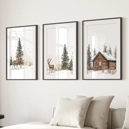 Deer and Cabin Winter 3 Piece Wall Art. Rustic Nordic Prints Black Frame - w mat