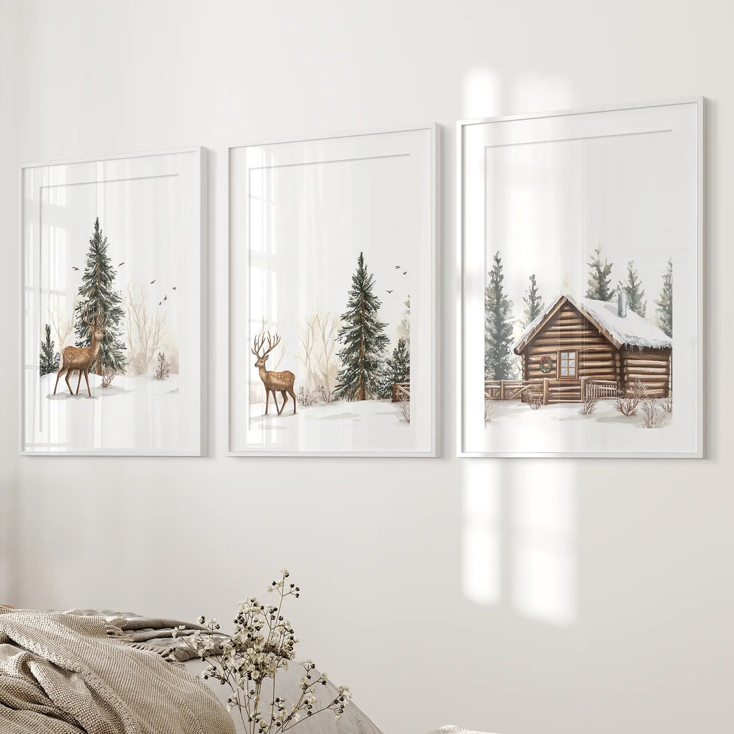 Deer and Cabin Winter 3 Piece Wall Art. Rustic Nordic Prints White Frame - w mat