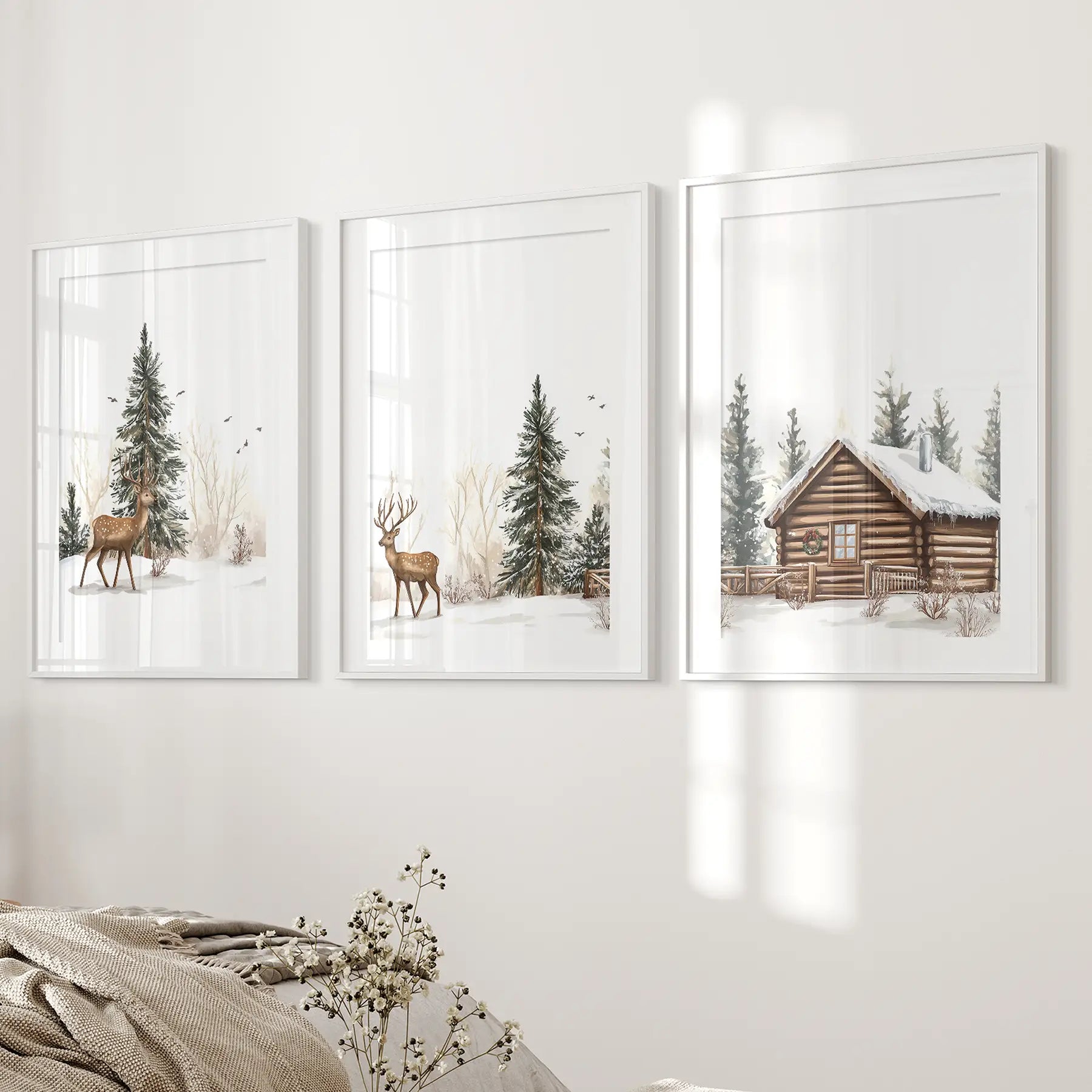 Deer and Cabin Winter 3 Piece Wall Art. Rustic Nordic Prints White Frame - w mat