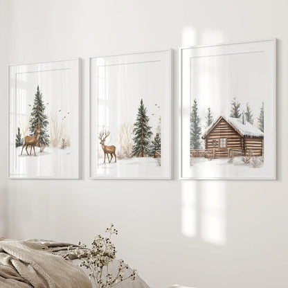 Deer and Cabin Winter 3 Piece Wall Art. Rustic Nordic Prints White Frame - w mat