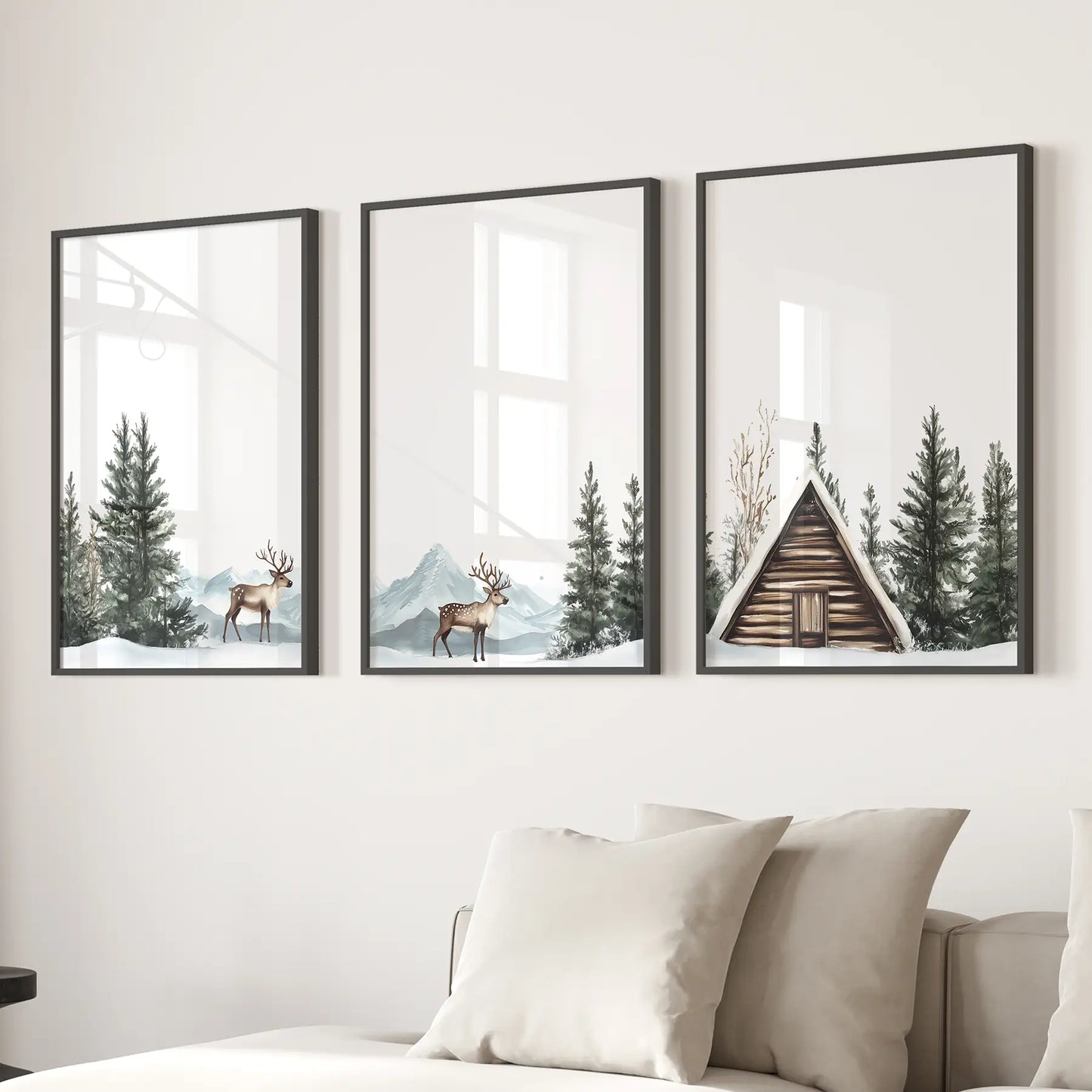 Rustic Cabin, Snowy Forest Prints. 3 Piece Winter Wall Art Black Frame - no mat