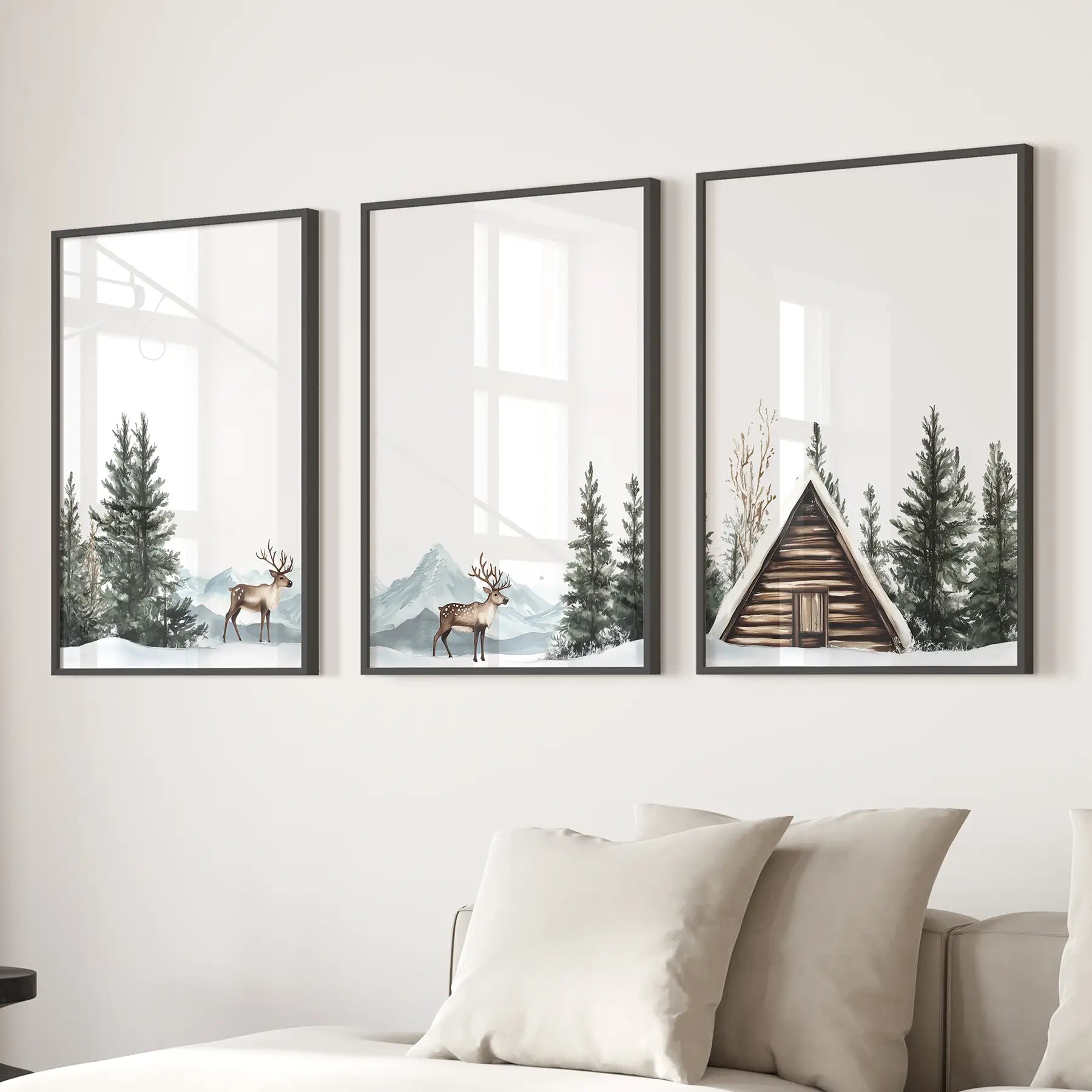 Rustic Cabin, Snowy Forest Prints. 3 Piece Winter Wall Art Black Frame - no mat