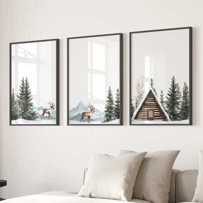 Rustic Cabin, Snowy Forest Prints. 3 Piece Winter Wall Art Black Frame - no mat