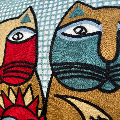 Sun & Moon Abstract Cats Embroidered Pillow Cover