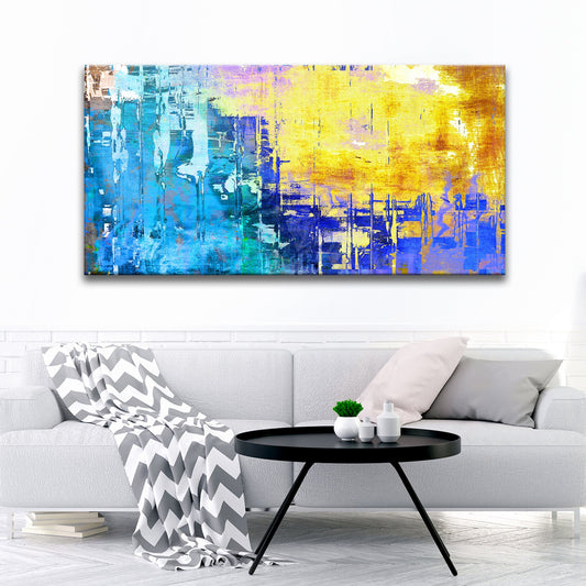 Blue Gold Abstract Painting Canvas Wall Art 60x30 inch Extra Large Premium Gallery Wrapped