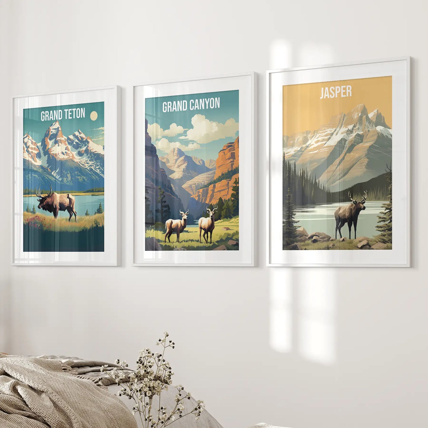 Grand Canyon, Jasper, Grand Teton. National Park Wall Art White Frame - w mat