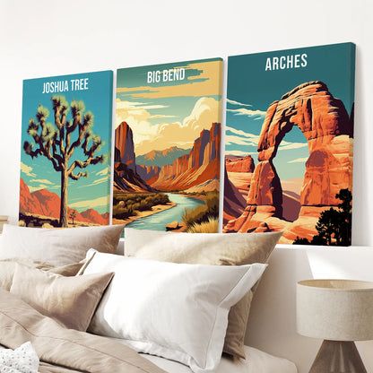 3 Piece USA National Park Art. Big Bend, Arches, Joshua Tree Wrapped Canvas