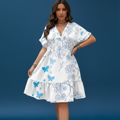 All-Over Print Women’s Floral Butterfly V-Neck Short Sleeve Dress