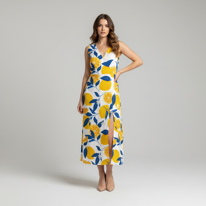 All-Over Print Women's V-neck Dress With Side Slit