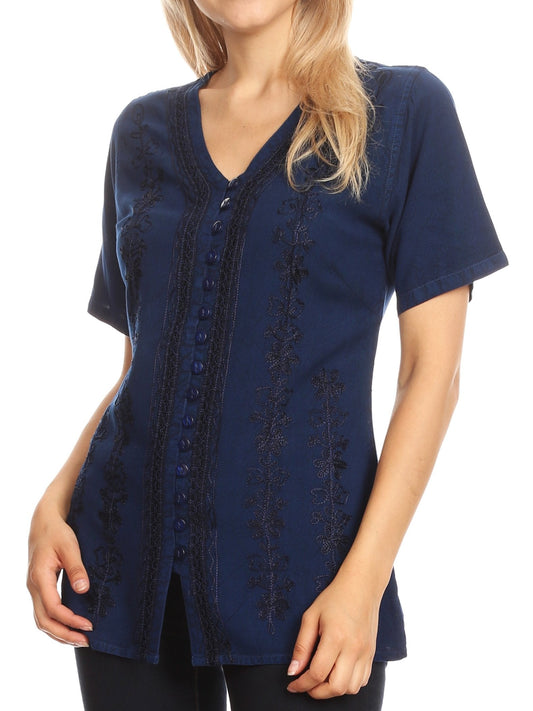 Sakkas Estella Womens Short Sleeve V neck Button Down Top Blouse with Embroidery Blue