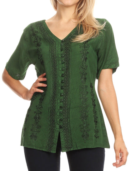 Sakkas Estella Womens Short Sleeve V neck Button Down Top Blouse with Embroidery Green