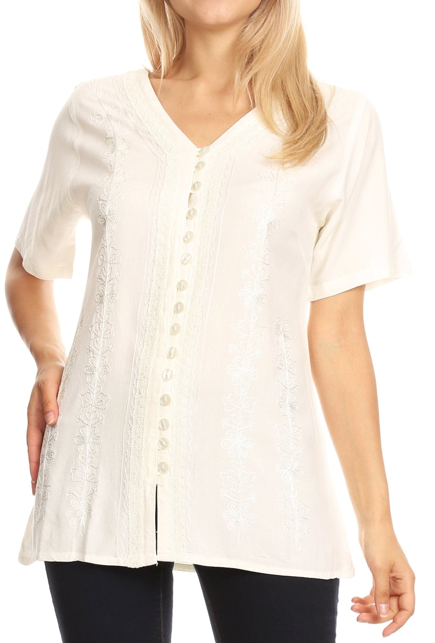 Sakkas Estella Womens Short Sleeve V neck Button Down Top Blouse with Embroidery Ivory