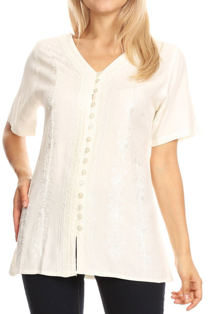 Sakkas Estella Womens Short Sleeve V neck Button Down Top Blouse with Embroidery Ivory