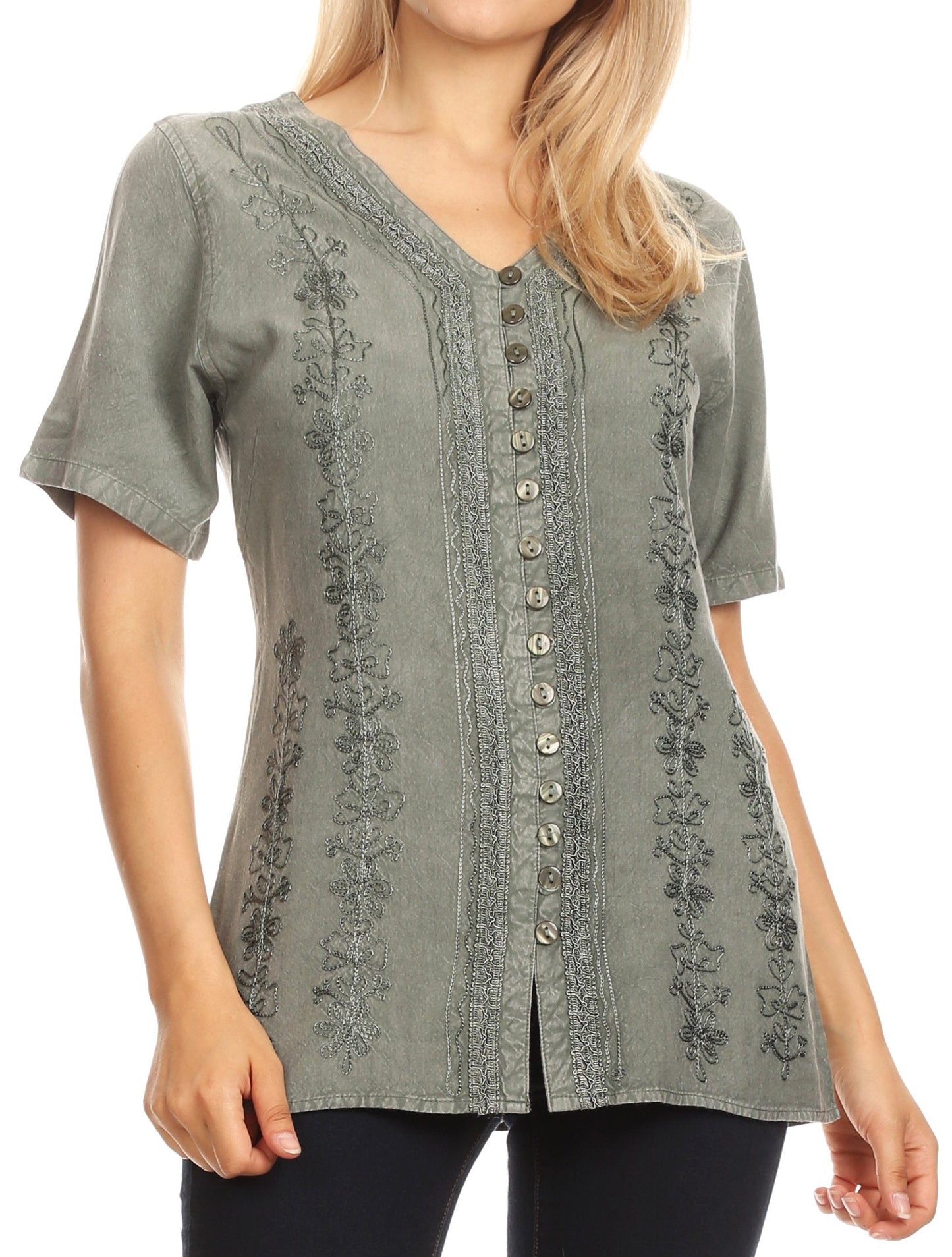 Sakkas Estella Womens Short Sleeve V neck Button Down Top Blouse with Embroidery LightGrey