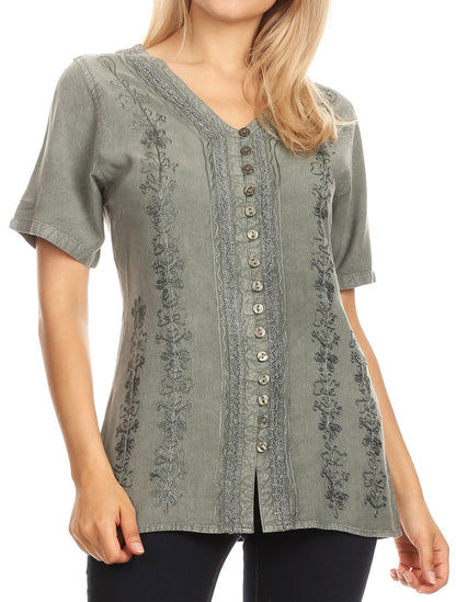 Sakkas Estella Womens Short Sleeve V neck Button Down Top Blouse with Embroidery LightGrey