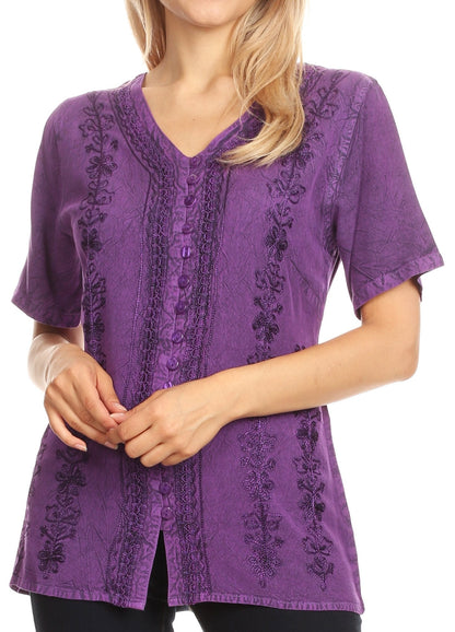 Sakkas Estella Womens Short Sleeve V neck Button Down Top Blouse with Embroidery Purple