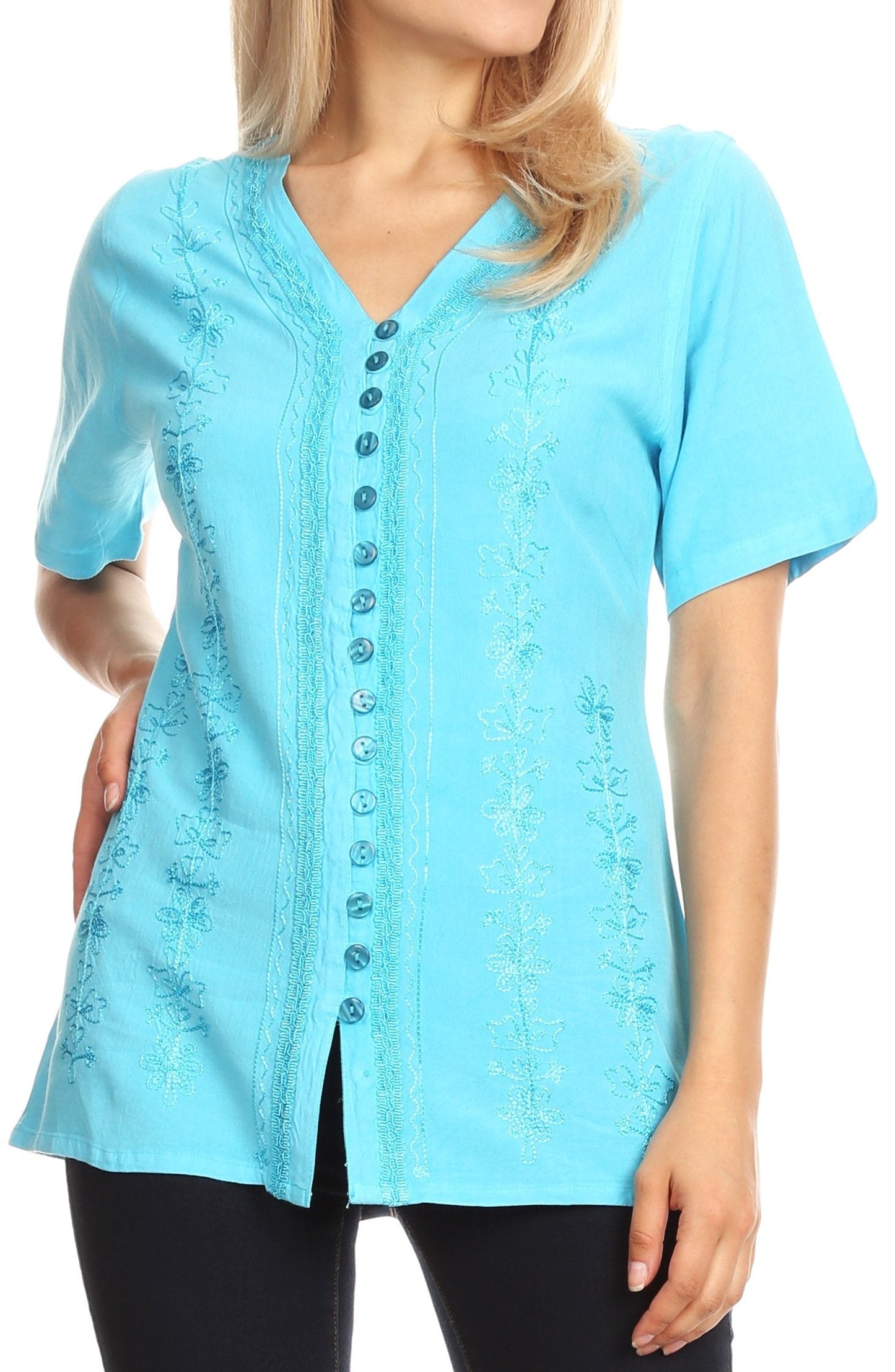 Sakkas Estella Womens Short Sleeve V neck Button Down Top Blouse with Embroidery Turquoise
