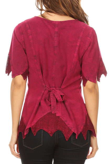 Sakkas Emma Womens Stonewashed V neck Short Sleeve Blouse Top Crochet Button Down
