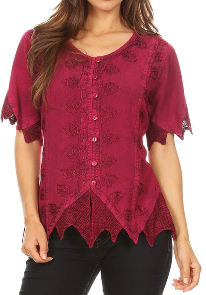 Sakkas Emma Womens Stonewashed V neck Short Sleeve Blouse Top Crochet Button Down Fuchsia