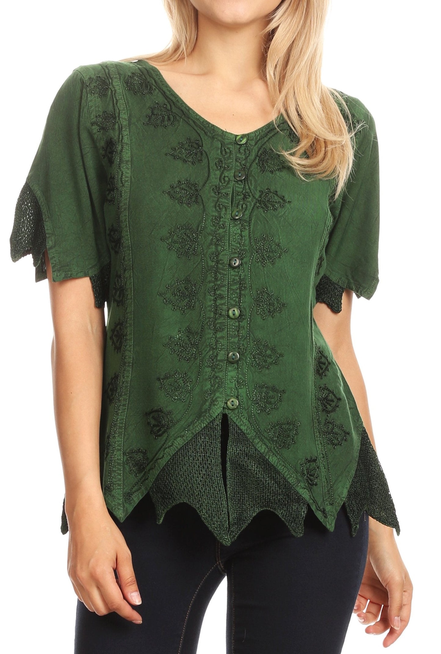 Sakkas Emma Womens Stonewashed V neck Short Sleeve Blouse Top Crochet Button Down Green