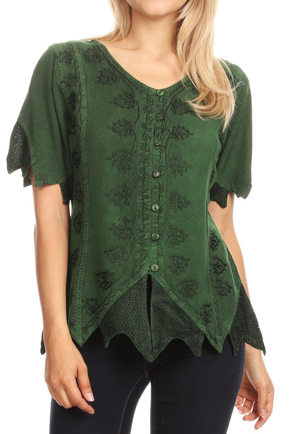 Sakkas Emma Womens Stonewashed V neck Short Sleeve Blouse Top Crochet Button Down Green