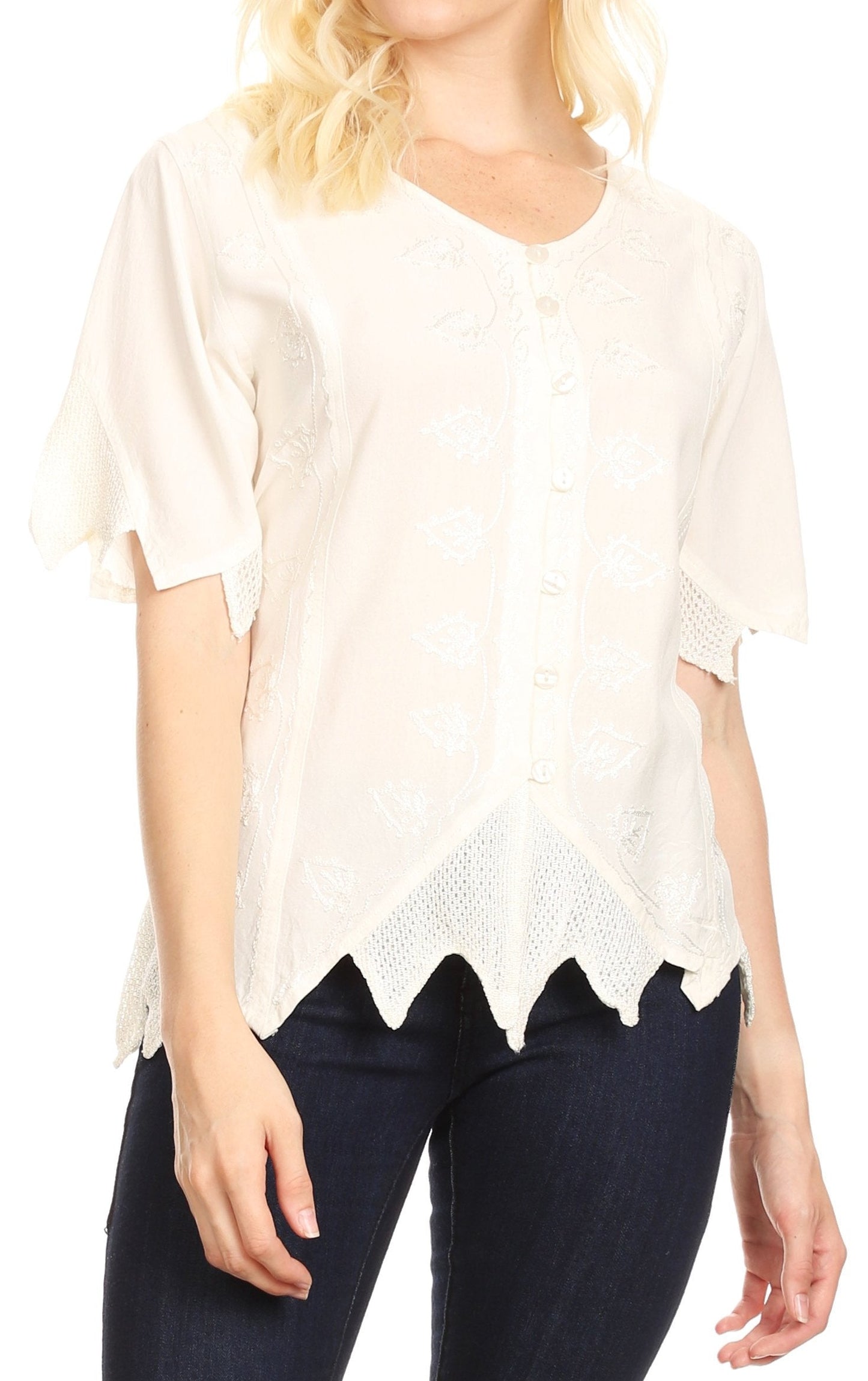 Sakkas Emma Womens Stonewashed V neck Short Sleeve Blouse Top Crochet Button Down Ivory
