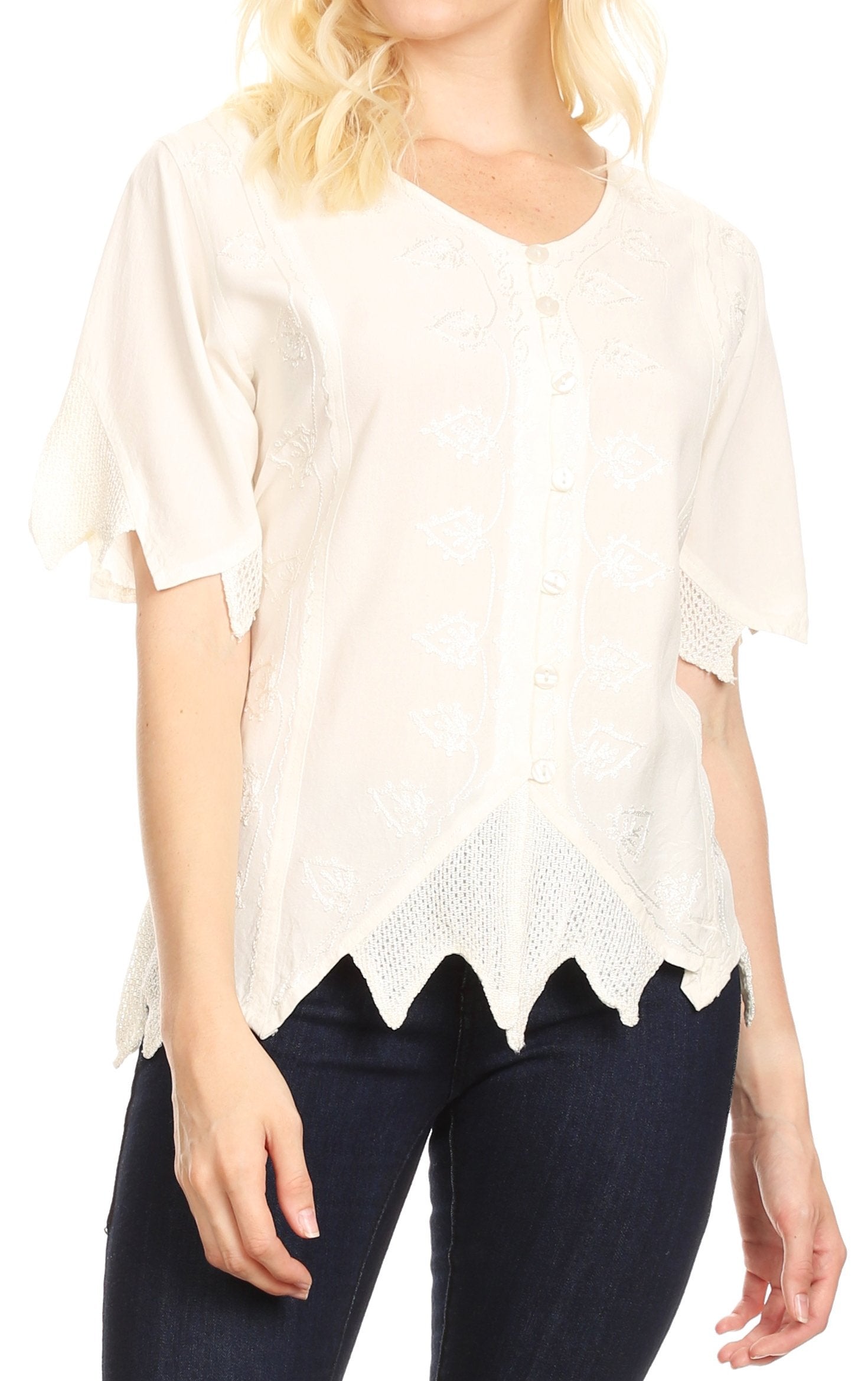 Sakkas Emma Womens Stonewashed V neck Short Sleeve Blouse Top Crochet Button Down Ivory