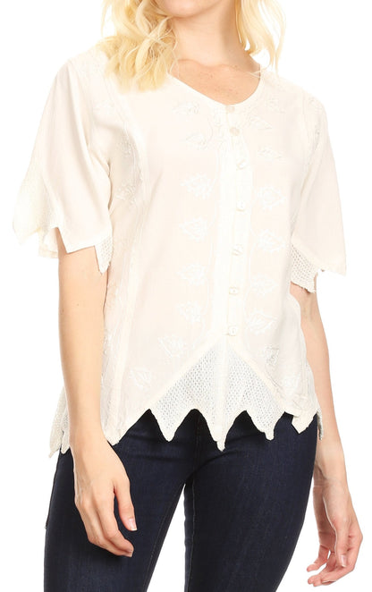 Sakkas Emma Womens Stonewashed V neck Short Sleeve Blouse Top Crochet Button Down Ivory