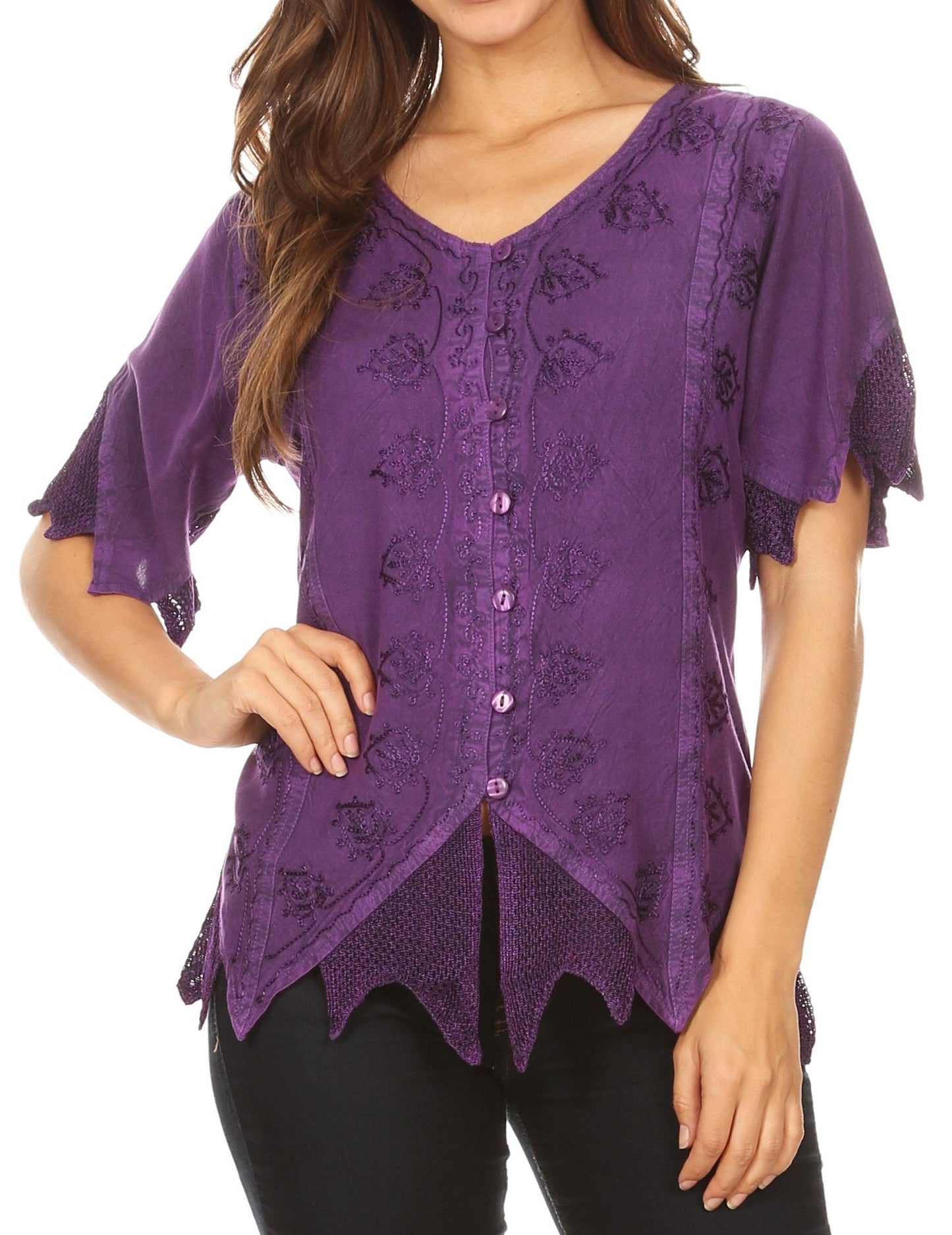 Sakkas Emma Womens Stonewashed V neck Short Sleeve Blouse Top Crochet Button Down Purple