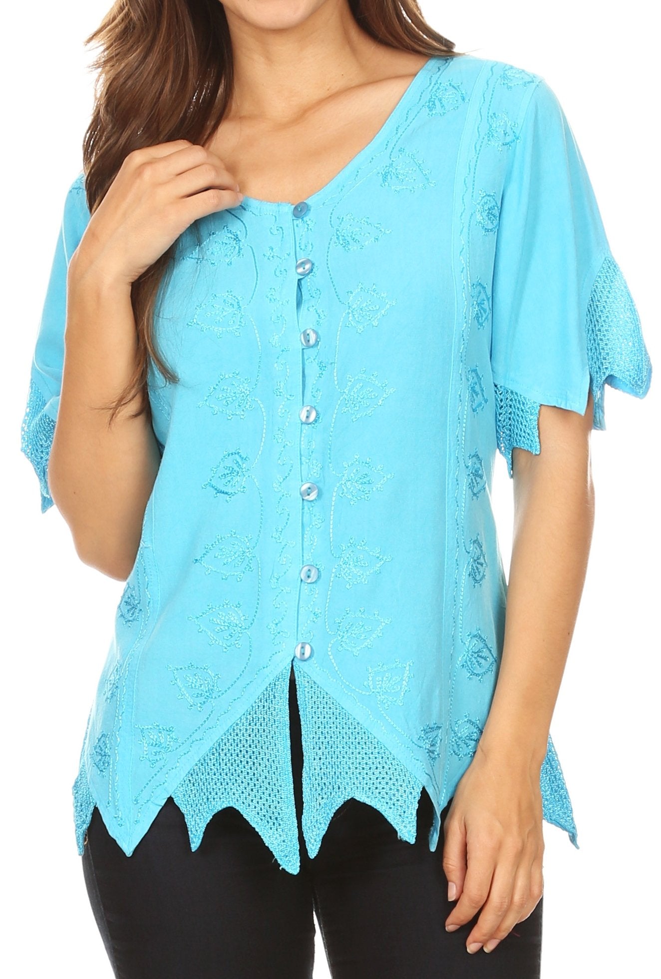 Sakkas Emma Womens Stonewashed V neck Short Sleeve Blouse Top Crochet Button Down Turquoise