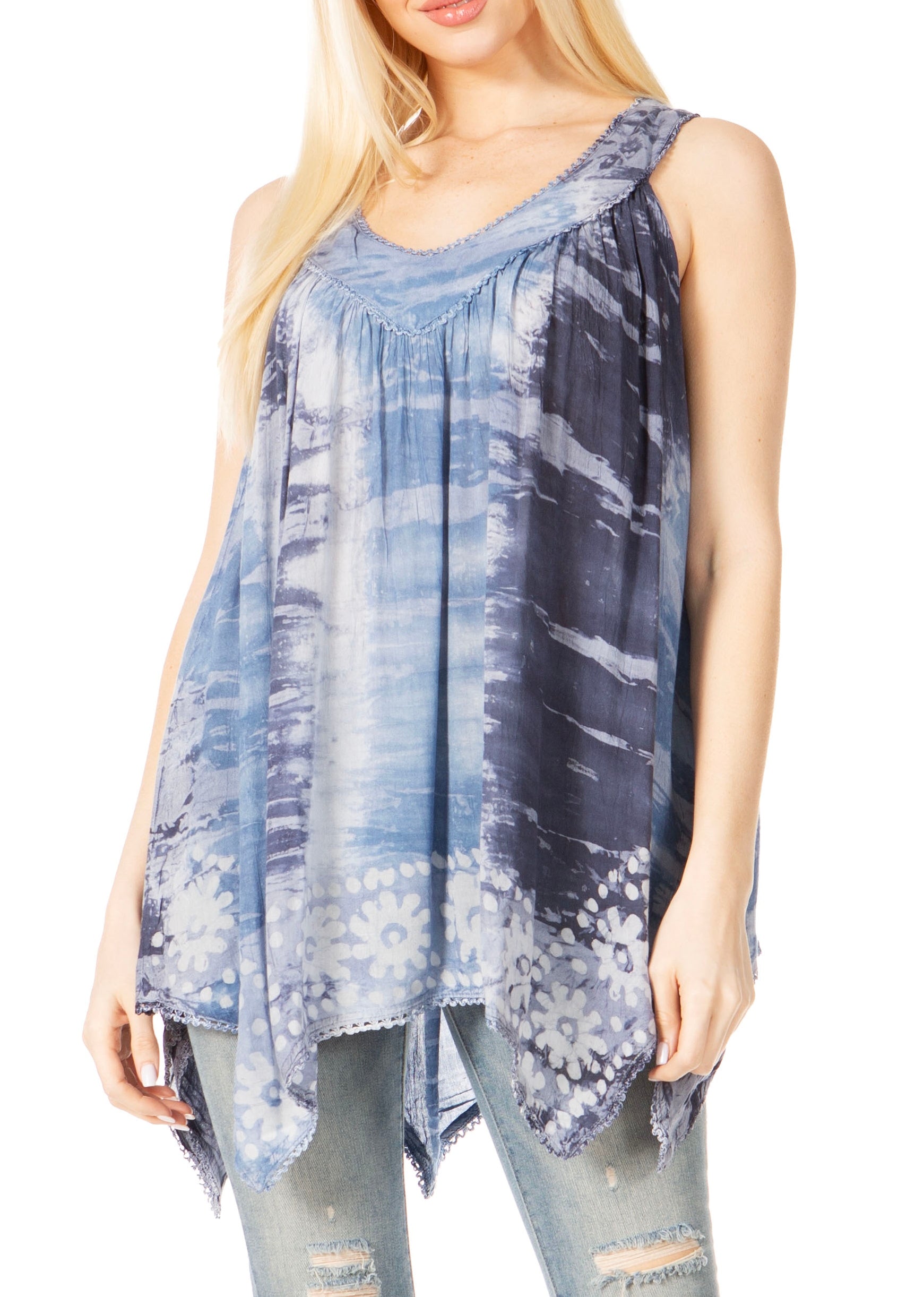 Sakkas Ligia Women's Sleeveless Tie Dye Tank Top: Classic Casual Loose Fit for Summer One Size 17793-BlackBlue