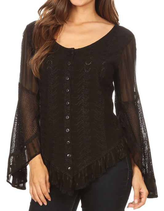 Sakkas Marga Womens Button Down Long Sleeve Top Blouse Shirt Lace Solid Simple Black