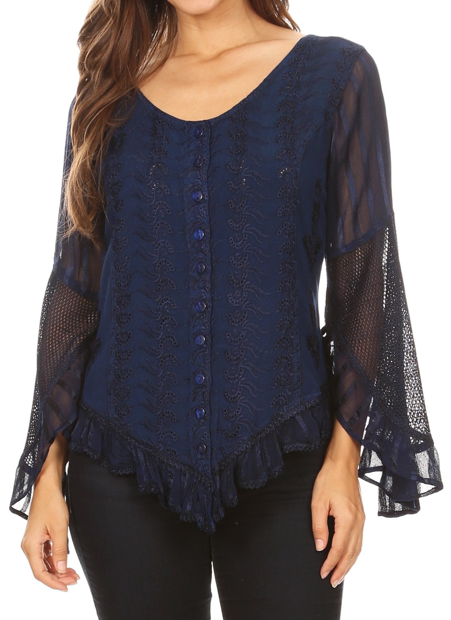 Sakkas Marga Womens Button Down Long Sleeve Top Blouse Shirt Lace Solid Simple Blue