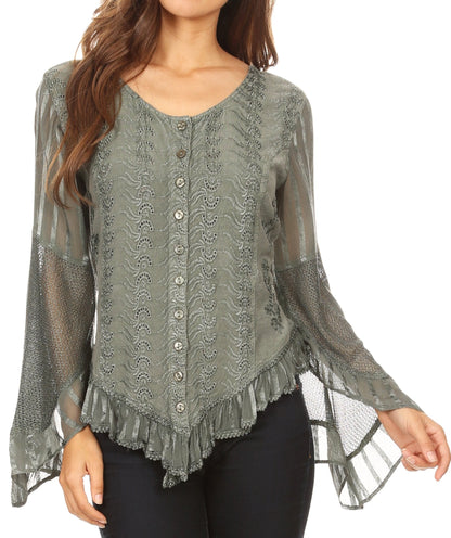 Sakkas Marga Womens Button Down Long Sleeve Top Blouse Shirt Lace Solid Simple Grey