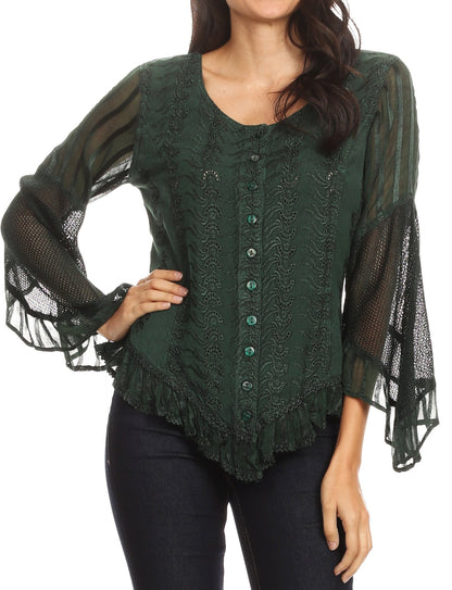 Sakkas Marga Womens Button Down Long Sleeve Top Blouse Shirt Lace Solid Simple Green
