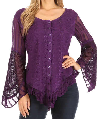 Sakkas Marga Womens Button Down Long Sleeve Top Blouse Shirt Lace Solid Simple Purple