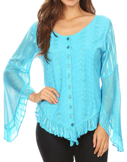 Sakkas Marga Womens Button Down Long Sleeve Top Blouse Shirt Lace Solid Simple Turquoise