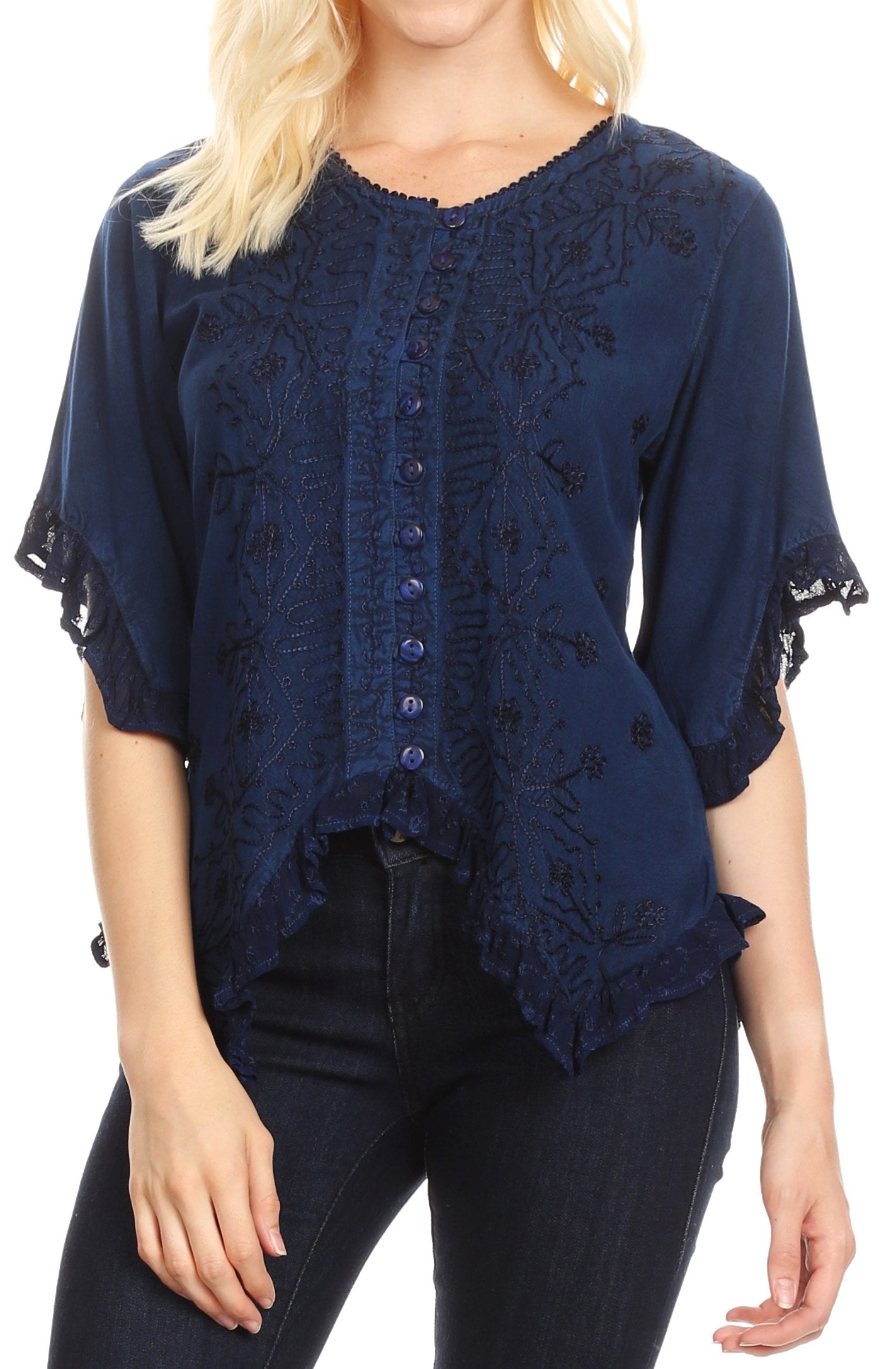 Sakkas Adela Womens 3/4 Sleeve V neck Lace and Embroidery Top Blouse with Ties Blue