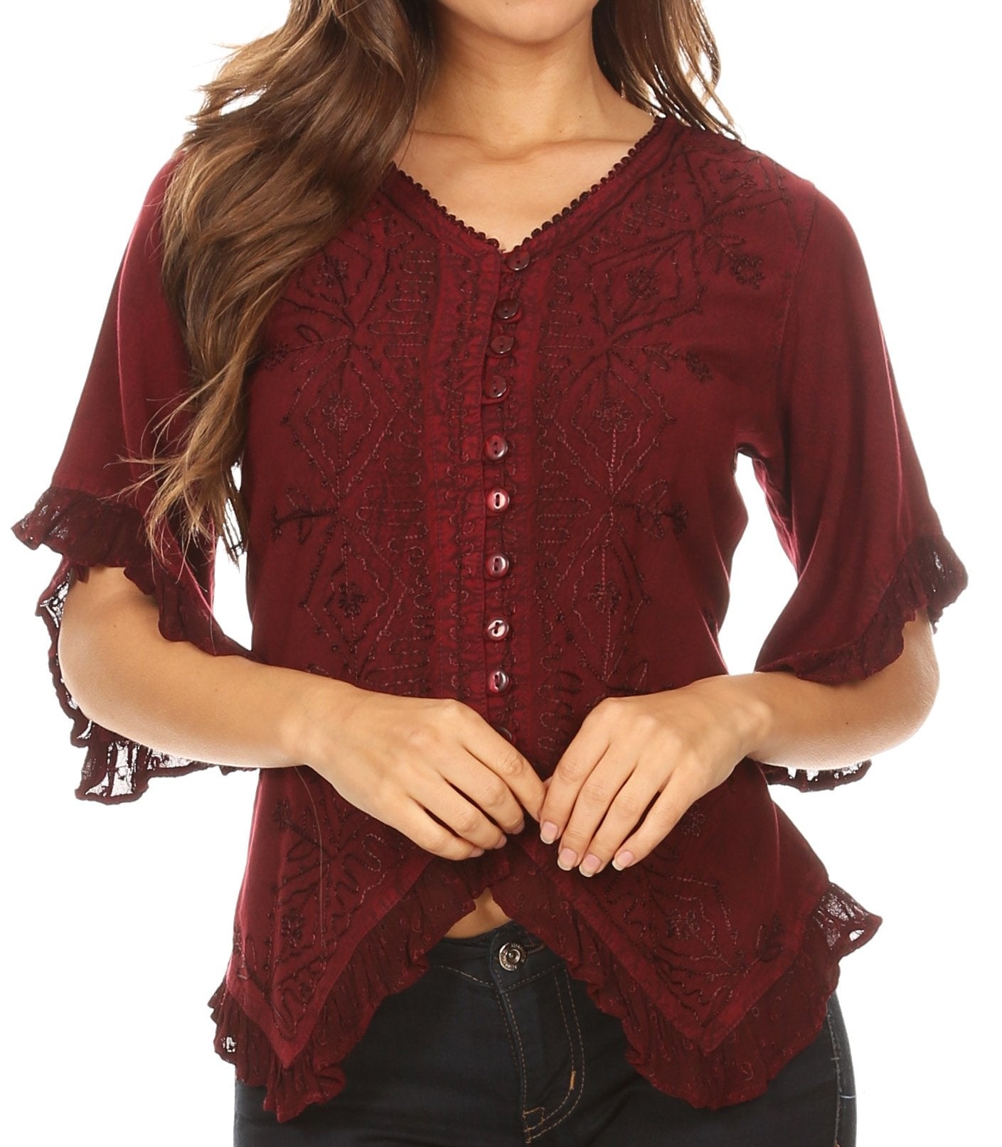 Sakkas Adela Womens 3/4 Sleeve V neck Lace and Embroidery Top Blouse with Ties Burgundy